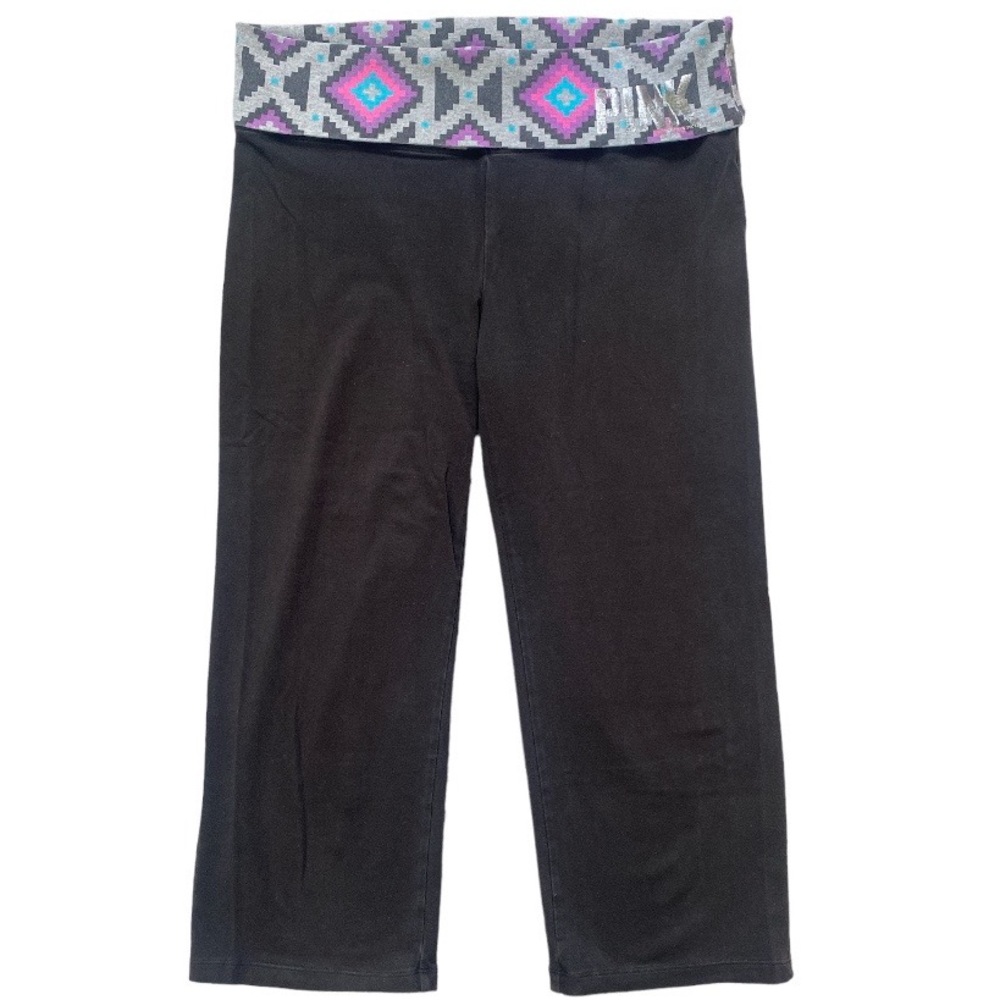 Victorias Secret PINK Fold Over Waist Aztec Tribal Pattern Black Crop Yoga Pants